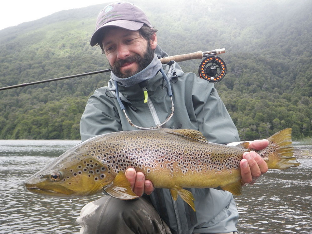 Flyfisherman with Trophy Argentina Brown Trout