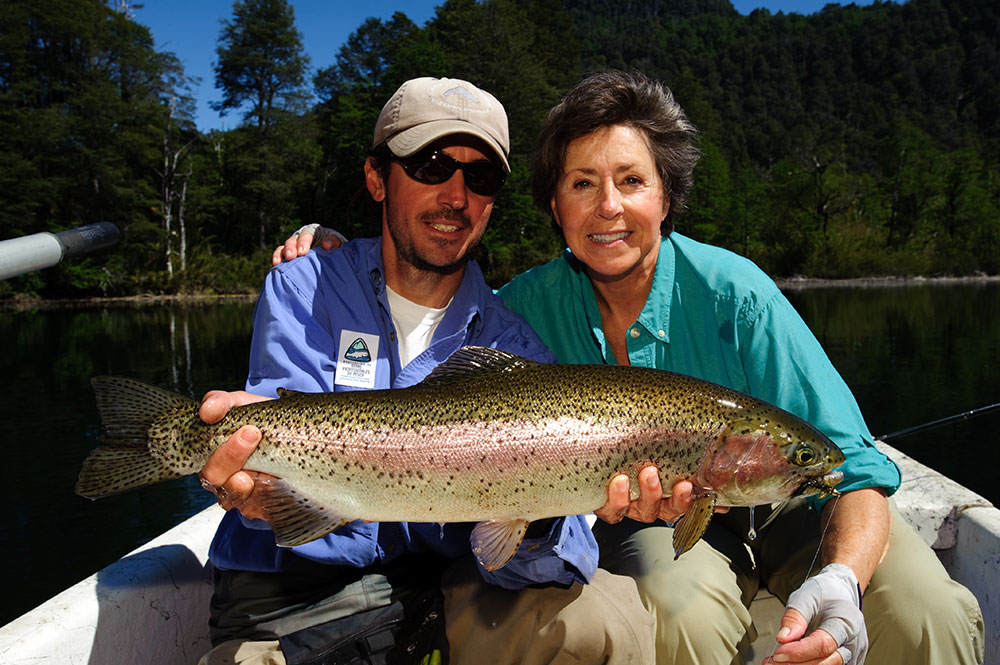 Guide & Flyfisherwoman with trophy Argentina Rainbow Trout
